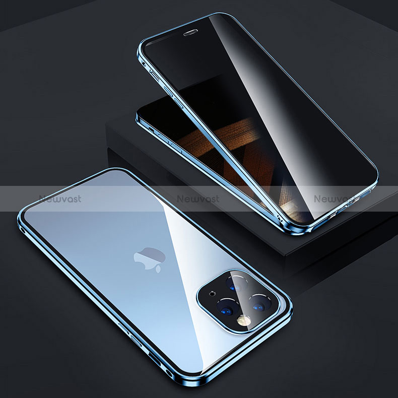 Luxury Aluminum Metal Frame Mirror Cover Case 360 Degrees Z05 for Apple iPhone 14 Pro Blue