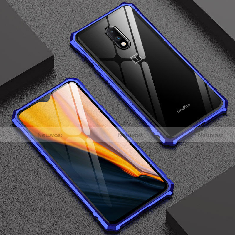 Luxury Aluminum Metal Frame Mirror Cover Case for OnePlus 7 Blue