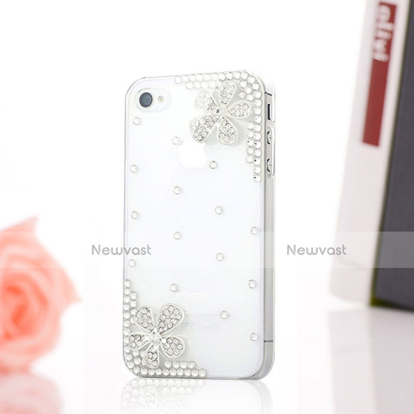 Luxury Diamond Bling Flowers Hard Rigid Case Cover for Apple iPhone 4S White