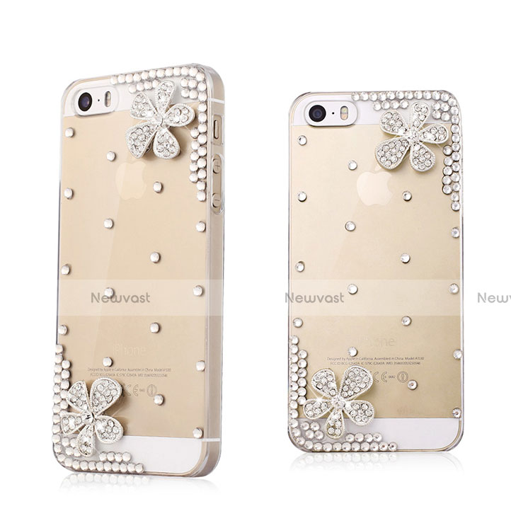 Luxury Diamond Bling Flowers Hard Rigid Case Cover for Apple iPhone 5S White