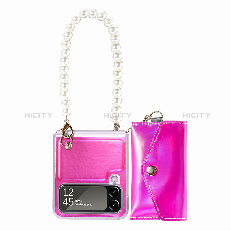 Luxury Leather Matte Finish and Plastic Back Cover Case B02 for Samsung Galaxy Z Flip4 5G Hot Pink