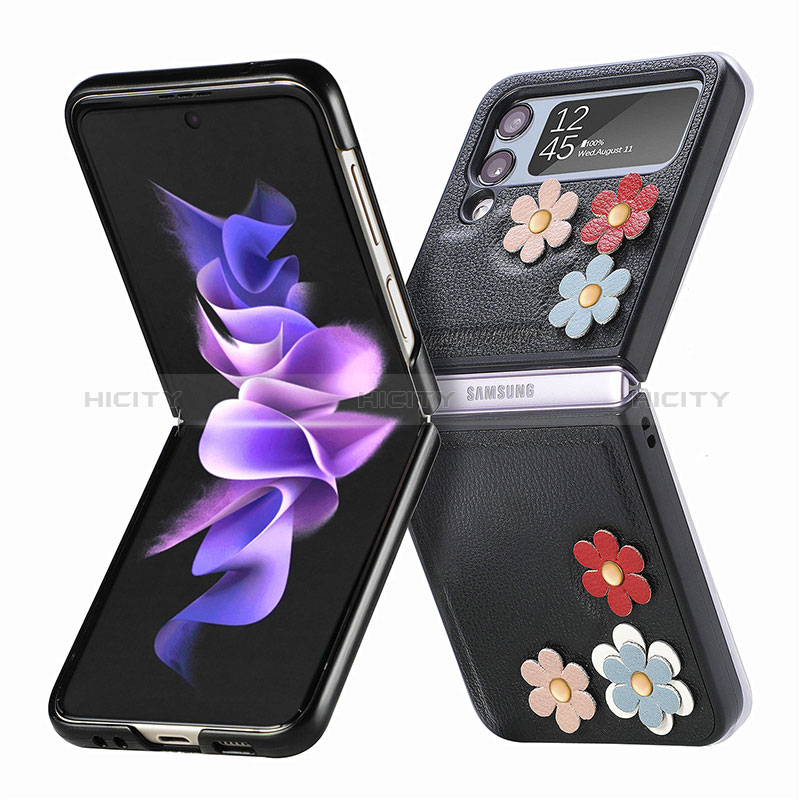 Luxury Leather Matte Finish and Plastic Back Cover Case B03 for Samsung Galaxy Z Flip4 5G Black
