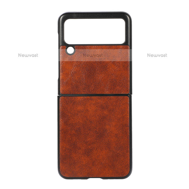 Luxury Leather Matte Finish and Plastic Back Cover Case B06 for Samsung Galaxy Z Flip3 5G Light Brown