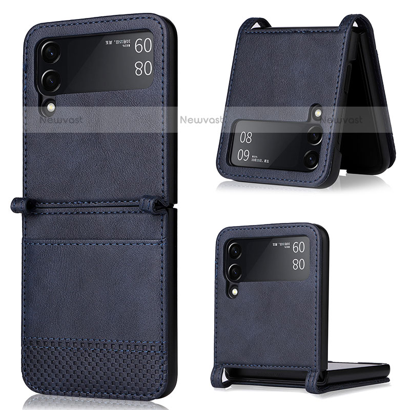 Luxury Leather Matte Finish and Plastic Back Cover Case BY1 for Samsung Galaxy Z Flip3 5G Blue