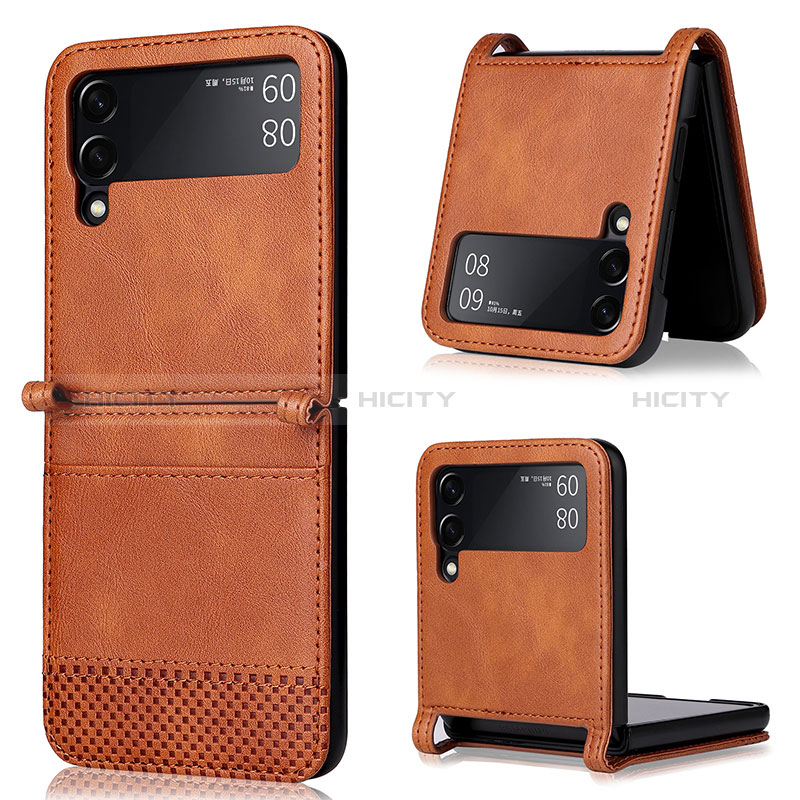 Luxury Leather Matte Finish and Plastic Back Cover Case BY2 for Samsung Galaxy Z Flip4 5G Brown