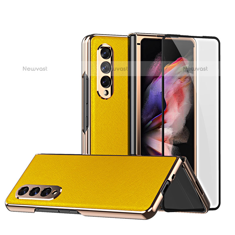 Luxury Leather Matte Finish and Plastic Back Cover Case C02 for Samsung Galaxy Z Fold3 5G Yellow