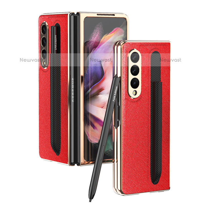 Luxury Leather Matte Finish and Plastic Back Cover Case C05 for Samsung Galaxy Z Fold3 5G Red