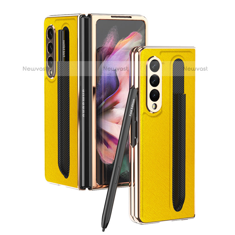 Luxury Leather Matte Finish and Plastic Back Cover Case C05 for Samsung Galaxy Z Fold3 5G Yellow