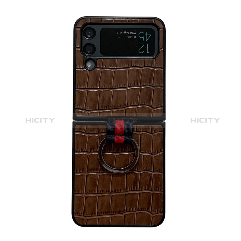 Luxury Leather Matte Finish and Plastic Back Cover Case C06 for Samsung Galaxy Z Flip4 5G Brown