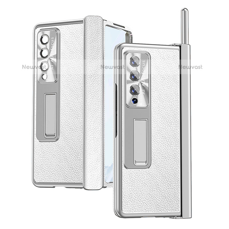 Luxury Leather Matte Finish and Plastic Back Cover Case C09 for Samsung Galaxy Z Fold3 5G Silver