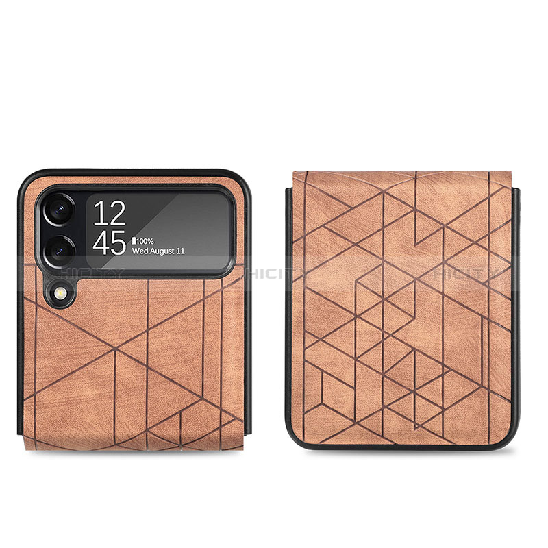 Luxury Leather Matte Finish and Plastic Back Cover Case H01 for Samsung Galaxy Z Flip4 5G Brown
