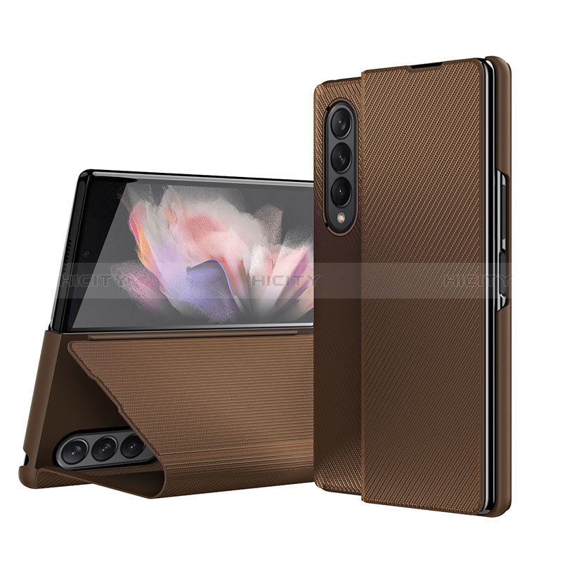 Luxury Leather Matte Finish and Plastic Back Cover Case H01 for Samsung Galaxy Z Fold4 5G Brown