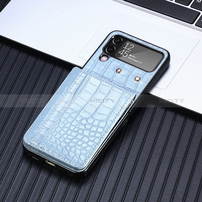 Luxury Leather Matte Finish and Plastic Back Cover Case H05 for Samsung Galaxy Z Flip4 5G Blue