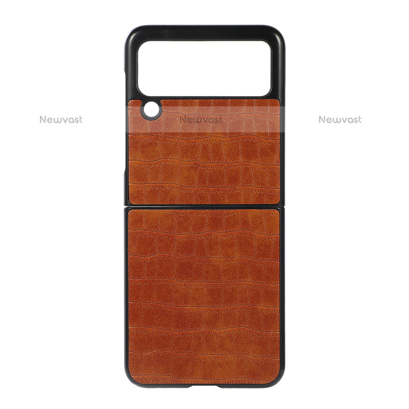 Luxury Leather Matte Finish and Plastic Back Cover Case H06 for Samsung Galaxy Z Flip3 5G Light Brown