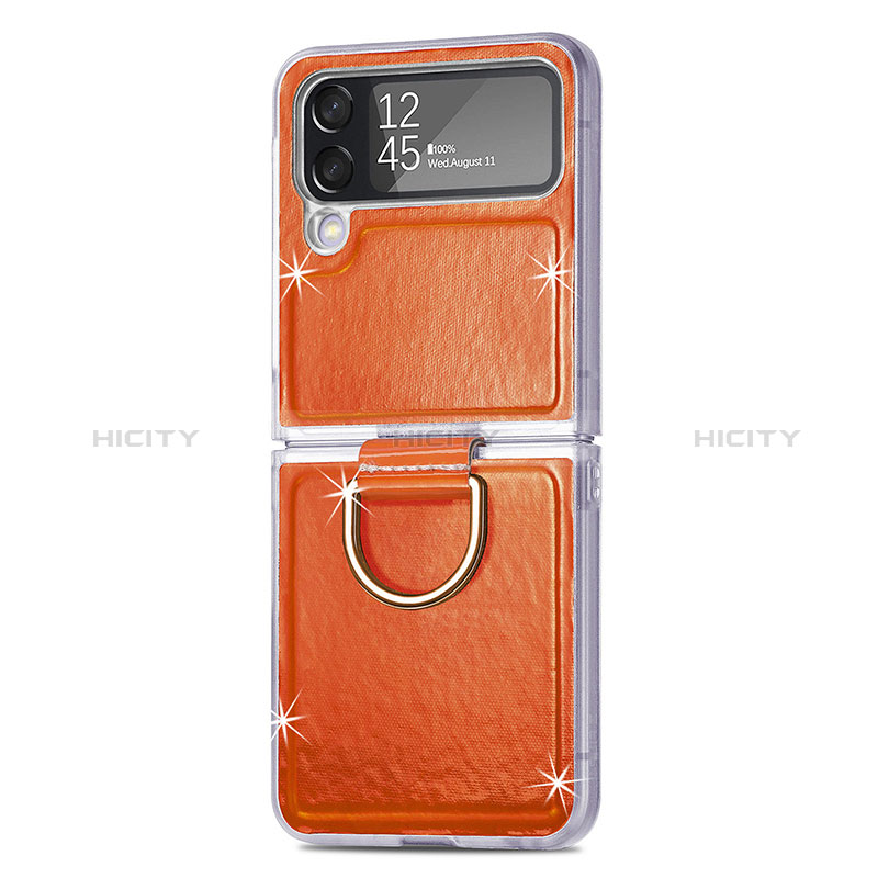 Luxury Leather Matte Finish and Plastic Back Cover Case H08 for Samsung Galaxy Z Flip4 5G Orange
