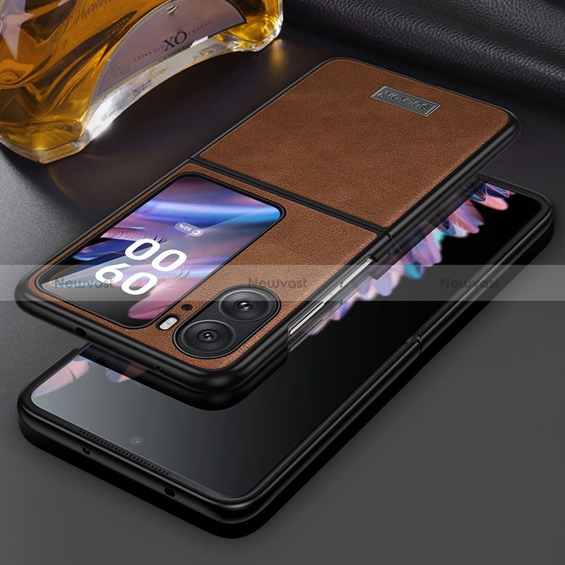 Luxury Leather Matte Finish and Plastic Back Cover Case LD1 for Oppo Find N2 Flip 5G Brown
