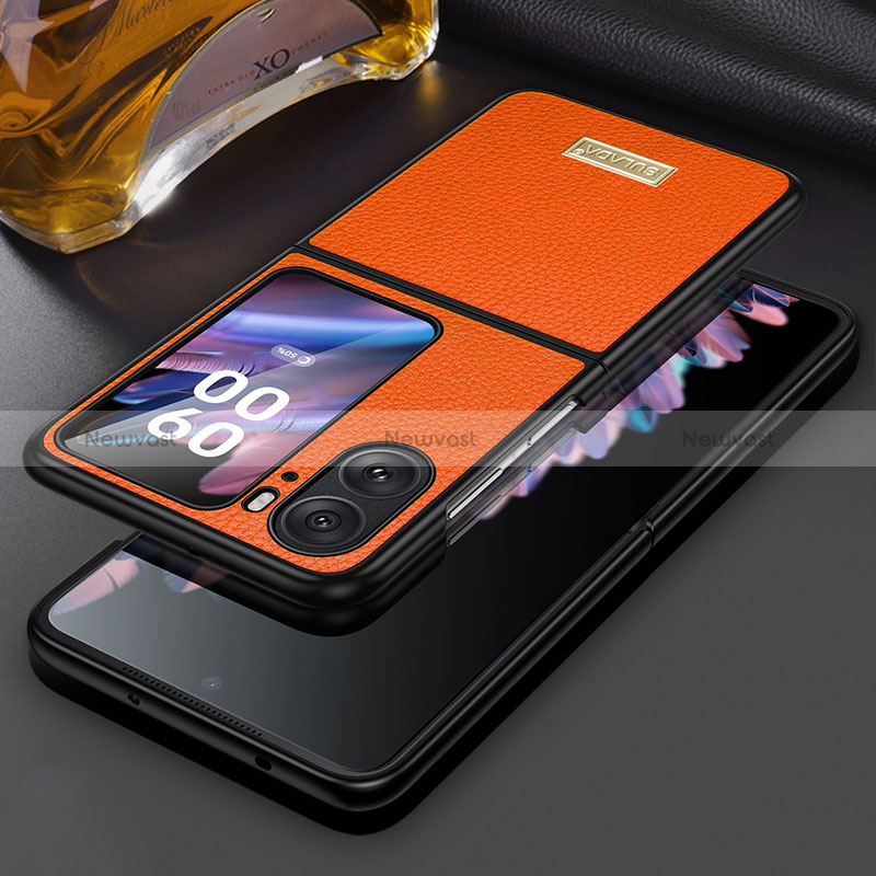 Luxury Leather Matte Finish and Plastic Back Cover Case LD2 for Oppo Find N2 Flip 5G Orange
