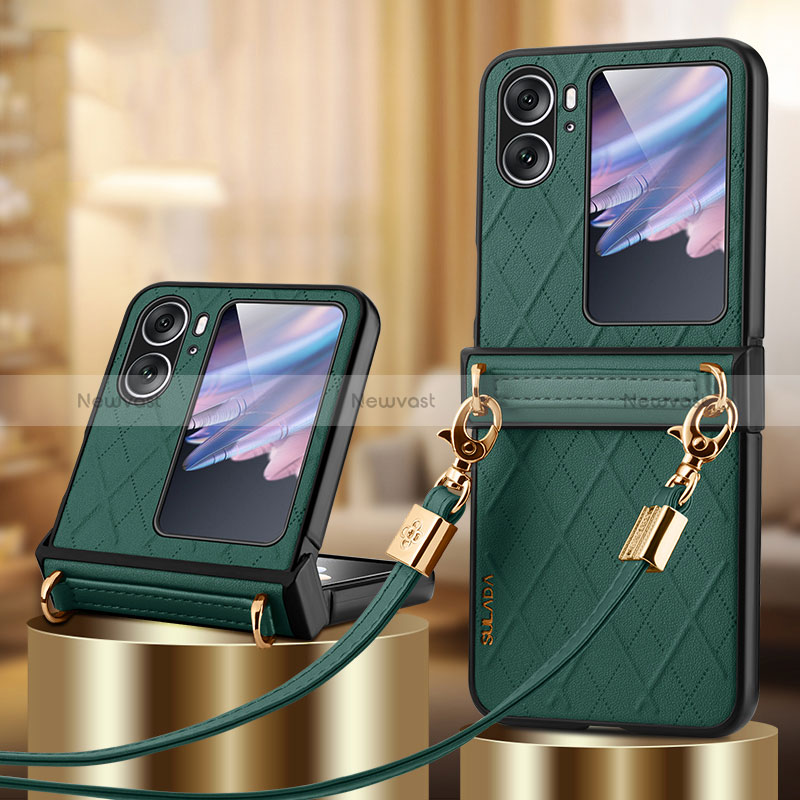 Luxury Leather Matte Finish and Plastic Back Cover Case LD3 for Oppo Find N2 Flip 5G Green