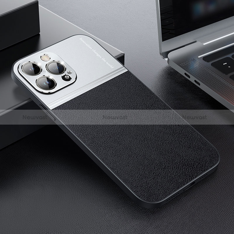Luxury Leather Matte Finish and Plastic Back Cover Case QC1 for Apple iPhone 13 Pro Silver