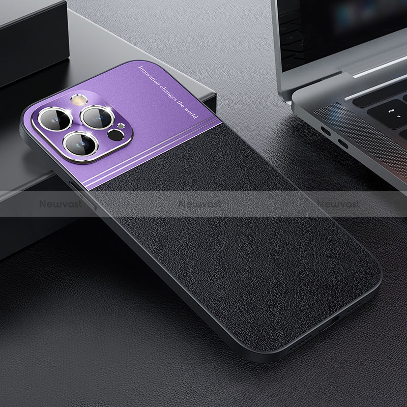 Luxury Leather Matte Finish and Plastic Back Cover Case QC1 for Apple iPhone 14 Pro Max Purple