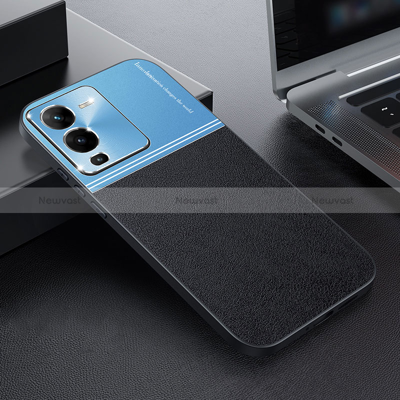 Luxury Leather Matte Finish and Plastic Back Cover Case QC1 for Vivo V25 Pro 5G Blue