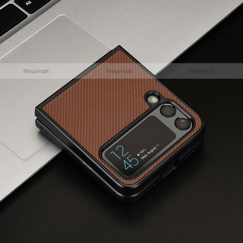 Luxury Leather Matte Finish and Plastic Back Cover Case R02 for Samsung Galaxy Z Flip3 5G Brown