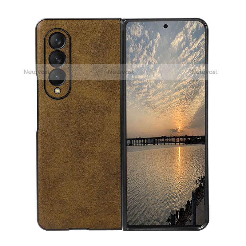 Luxury Leather Matte Finish and Plastic Back Cover Case R02 for Samsung Galaxy Z Fold3 5G Brown