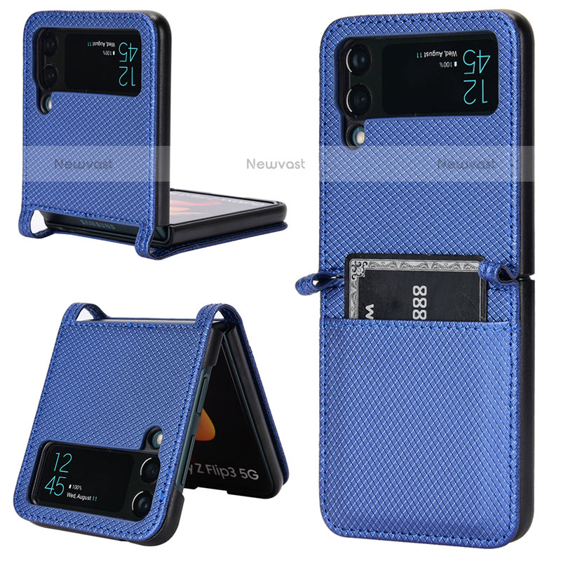 Luxury Leather Matte Finish and Plastic Back Cover Case R05 for Samsung Galaxy Z Flip3 5G Blue