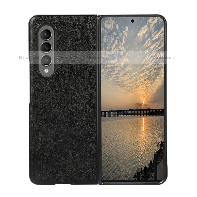 Luxury Leather Matte Finish and Plastic Back Cover Case R06 for Samsung Galaxy Z Fold3 5G Black