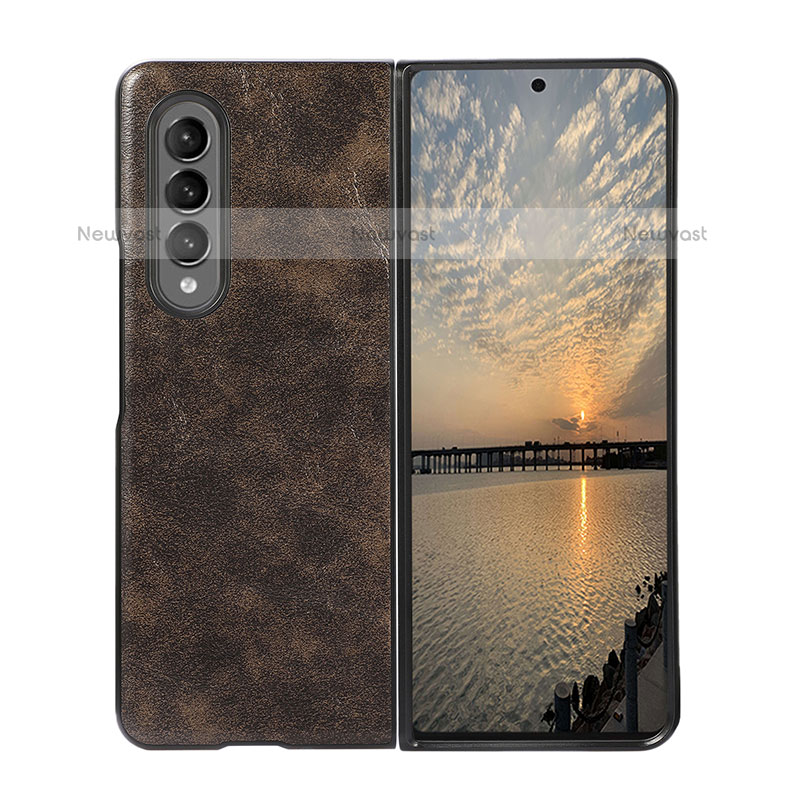 Luxury Leather Matte Finish and Plastic Back Cover Case R07 for Samsung Galaxy Z Fold3 5G Brown