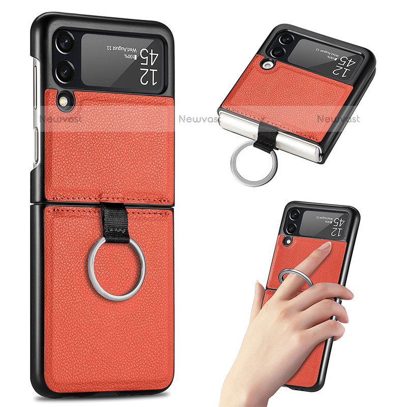 Luxury Leather Matte Finish and Plastic Back Cover Case S01 for Samsung Galaxy Z Flip3 5G Orange