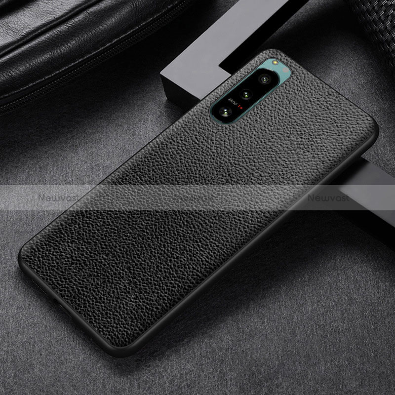Luxury Leather Matte Finish and Plastic Back Cover Case S02 for Sony Xperia 5 IV Black