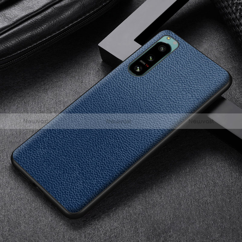 Luxury Leather Matte Finish and Plastic Back Cover Case S02 for Sony Xperia 5 IV Blue