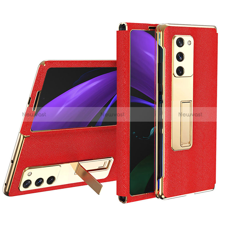 Luxury Leather Matte Finish and Plastic Back Cover Case T02 for Samsung Galaxy Z Fold2 5G Red