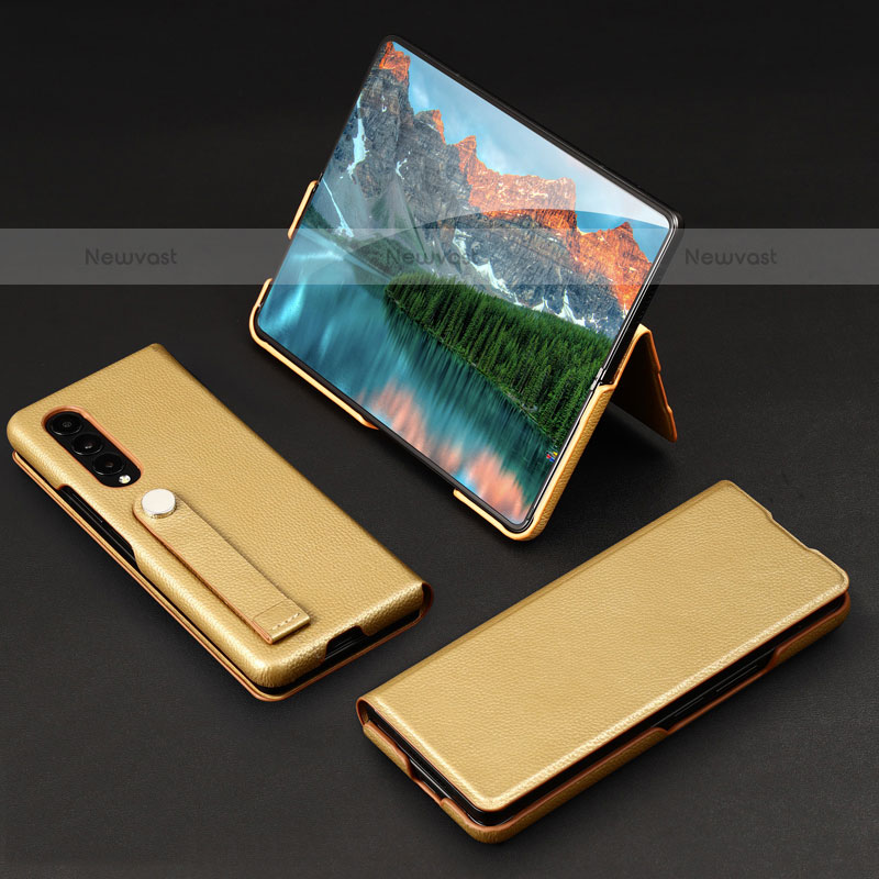Luxury Leather Matte Finish and Plastic Back Cover Case T02 for Samsung Galaxy Z Fold3 5G Gold