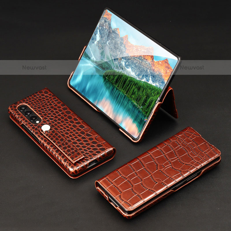 Luxury Leather Matte Finish and Plastic Back Cover Case T03 for Samsung Galaxy Z Fold3 5G Brown
