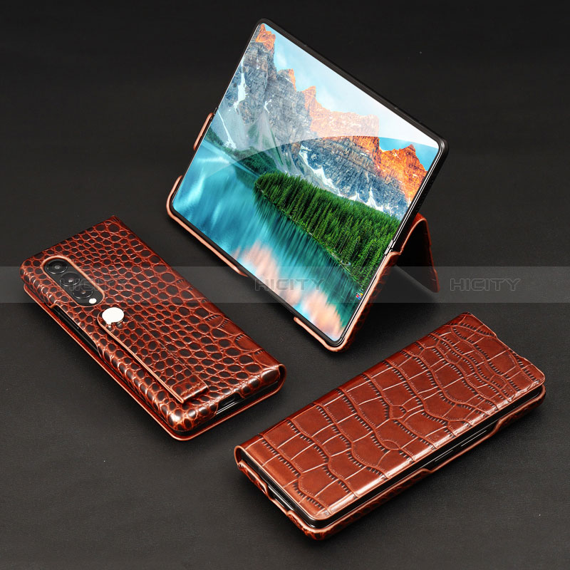 Luxury Leather Matte Finish and Plastic Back Cover Case T03 for Samsung Galaxy Z Fold4 5G Brown