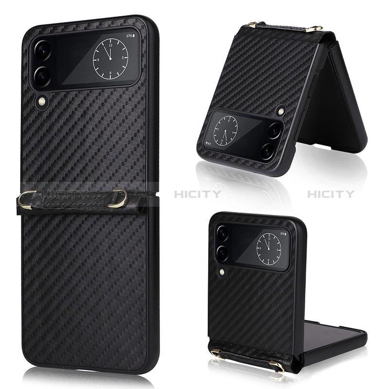 Luxury Leather Matte Finish and Plastic Back Cover Case T05 for Samsung Galaxy Z Flip4 5G Black