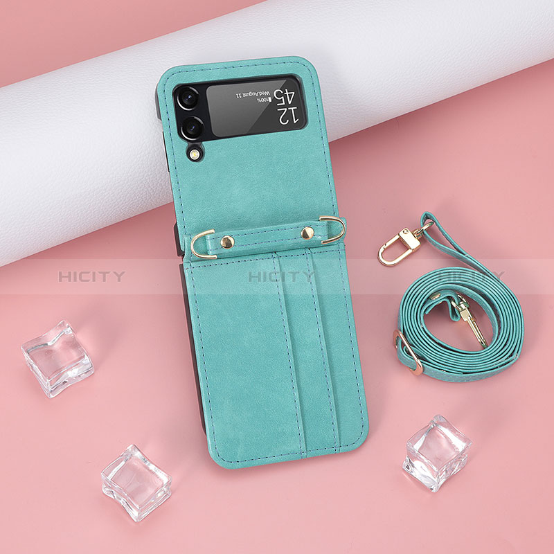 Luxury Leather Matte Finish and Plastic Back Cover Case T08 for Samsung Galaxy Z Flip4 5G Cyan