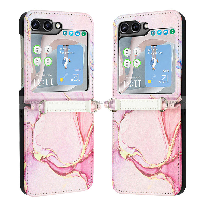 Luxury Leather Matte Finish and Plastic Back Cover Case YB1 for Samsung Galaxy Z Flip5 5G Pink