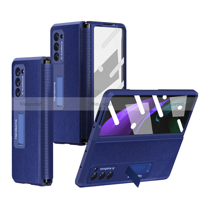 Luxury Leather Matte Finish and Plastic Back Cover Case Z03 for Samsung Galaxy Z Fold2 5G Blue