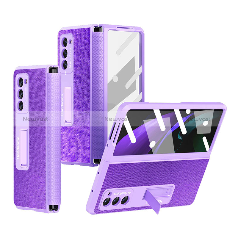 Luxury Leather Matte Finish and Plastic Back Cover Case Z03 for Samsung Galaxy Z Fold2 5G Purple