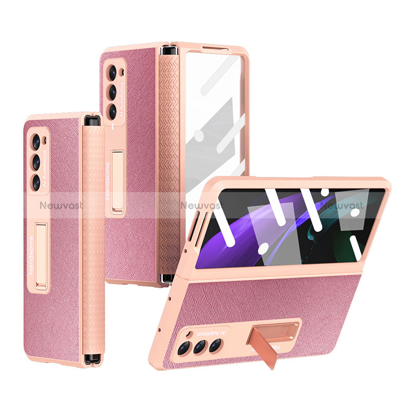 Luxury Leather Matte Finish and Plastic Back Cover Case Z03 for Samsung Galaxy Z Fold2 5G Rose Gold