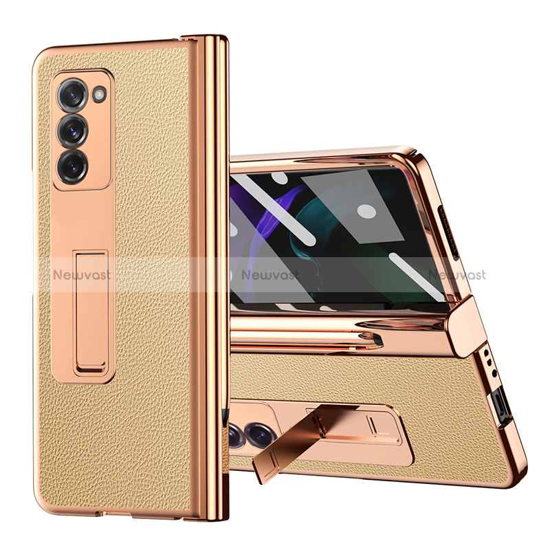 Luxury Leather Matte Finish and Plastic Back Cover Case Z04 for Samsung Galaxy Z Fold2 5G Gold