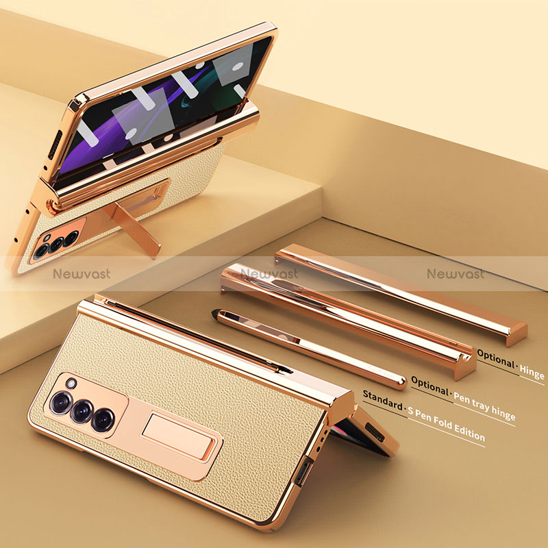 Luxury Leather Matte Finish and Plastic Back Cover Case Z05 for Samsung Galaxy Z Fold2 5G Gold