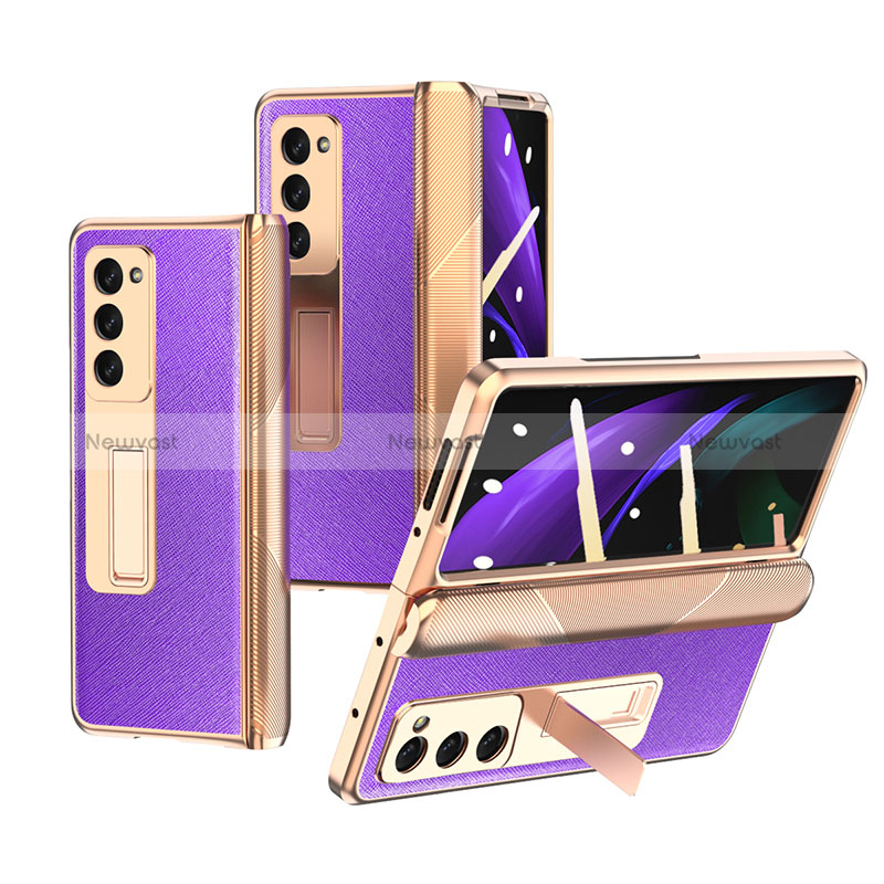 Luxury Leather Matte Finish and Plastic Back Cover Case Z09 for Samsung Galaxy Z Fold2 5G Purple