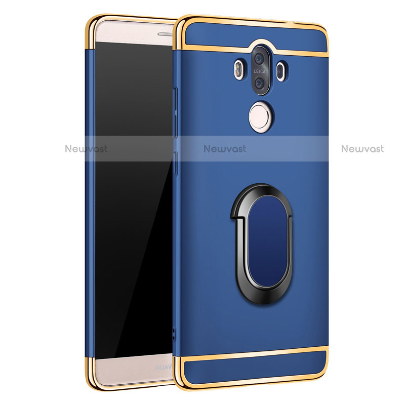 Luxury Metal Frame and Plastic Back Case with Finger Ring Stand A03 for Huawei Mate 9 Blue