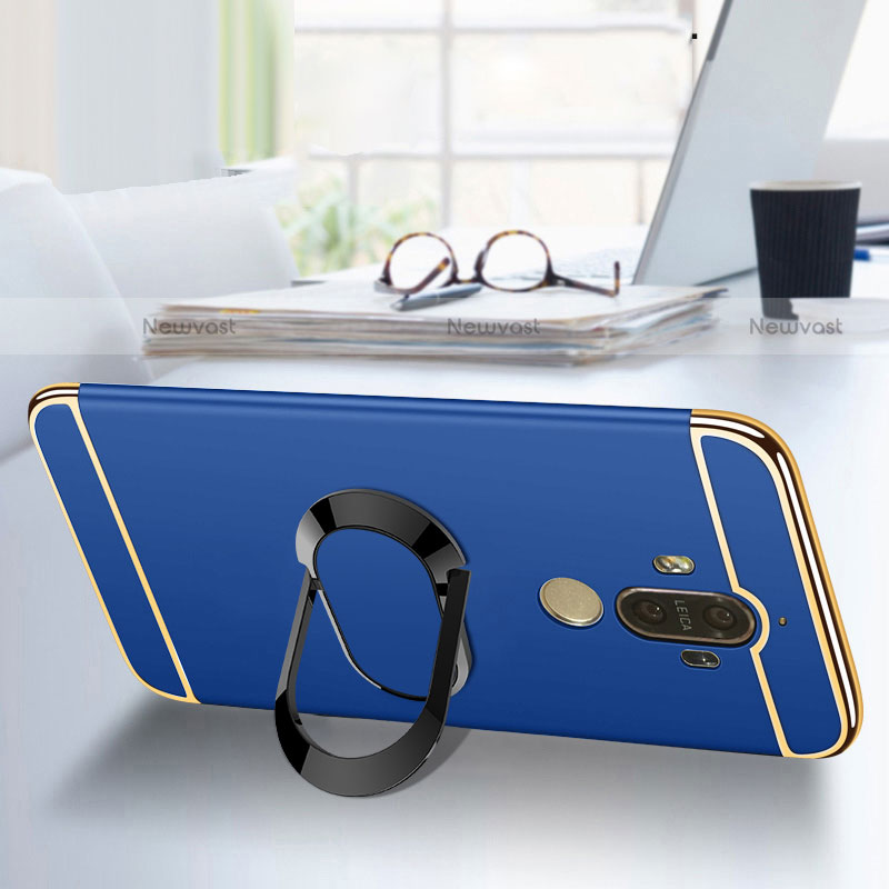 Luxury Metal Frame and Plastic Back Case with Finger Ring Stand A03 for Huawei Mate 9 Blue