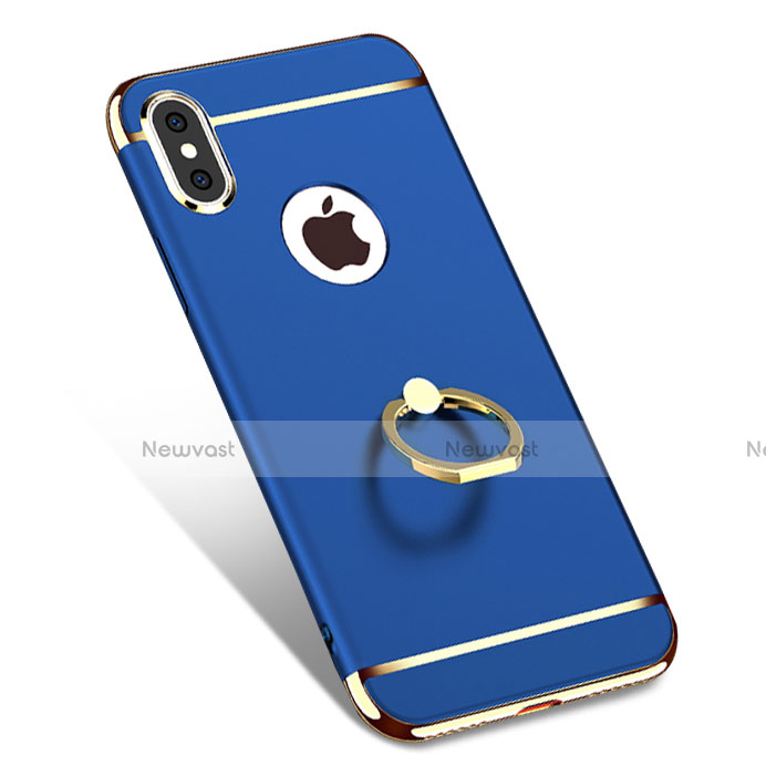 Luxury Metal Frame and Plastic Back Case with Finger Ring Stand F02 for Apple iPhone X Blue