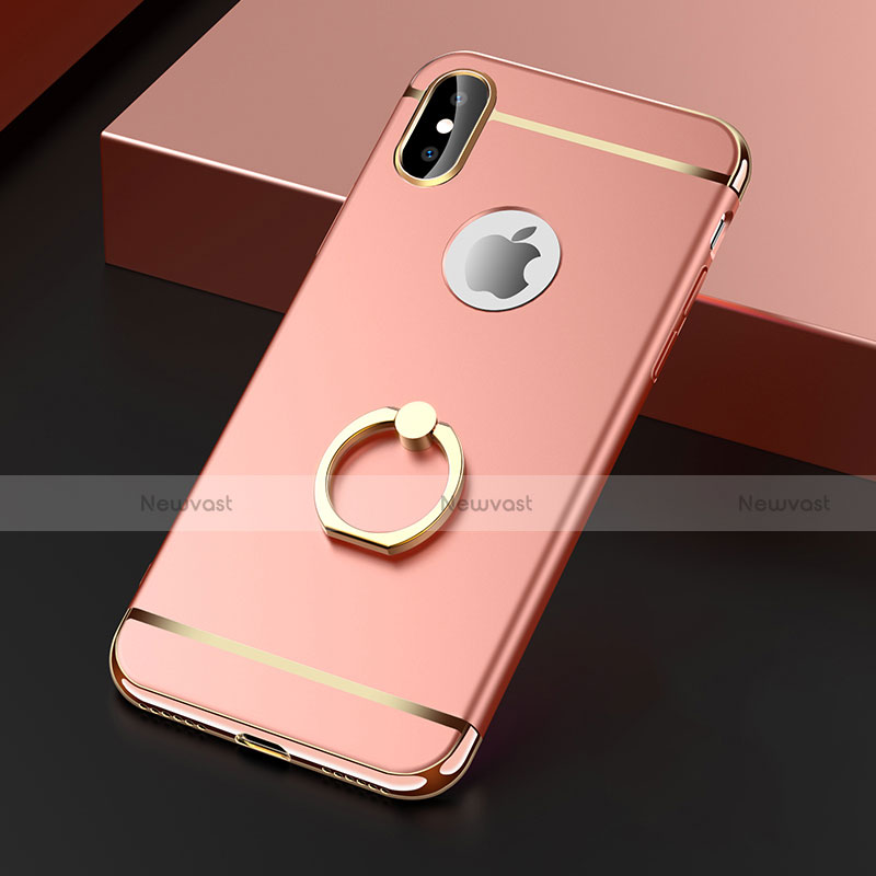 Luxury Metal Frame and Plastic Back Case with Finger Ring Stand F02 for Apple iPhone X Rose Gold
